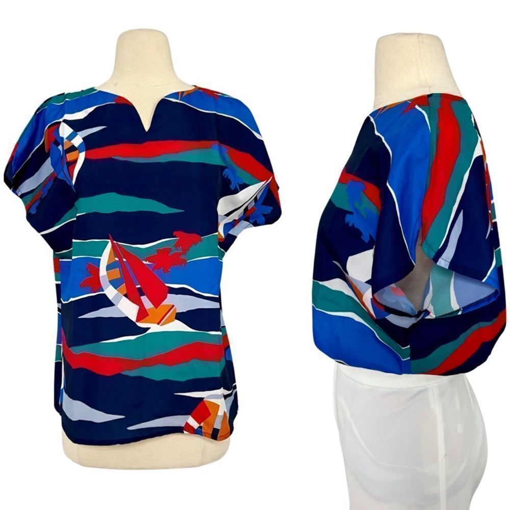 Insanely Cool 1970s Vintage Super Vibrant Multicolor Nautical Sailboat Print Top